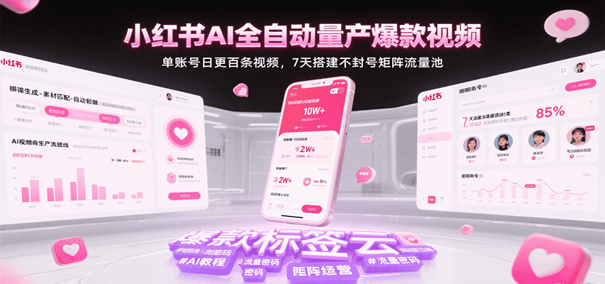小红书AI全自动量产爆款视频，单账号日更百条视频，7天搭建不封号矩阵流量池-爱学习