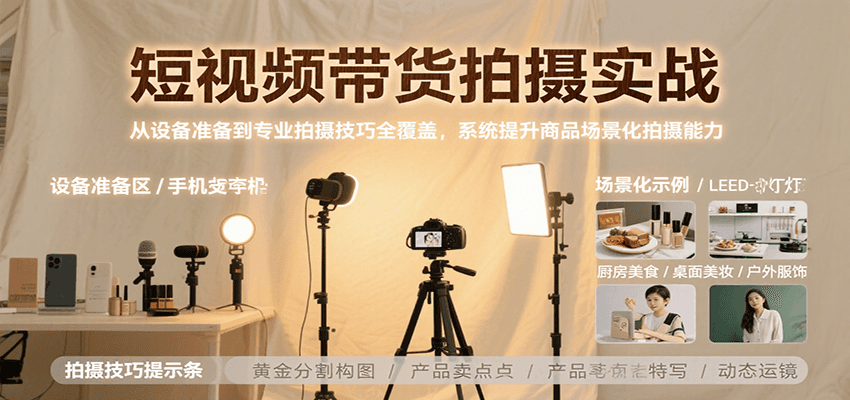 短视频带货拍摄实战，从设备准备到专业拍摄技巧全覆盖，系统提升商品场景化拍摄能力-爱学习