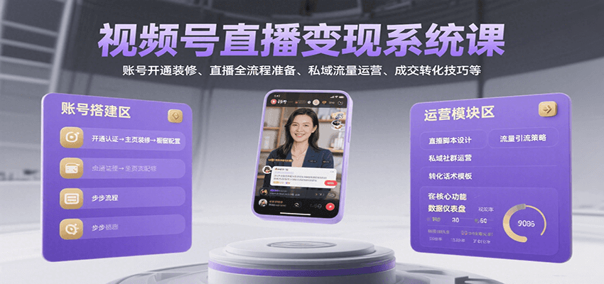 视频号直播变现系统课，账号开通装修、直播全流程准备、私域流量运营、成交转化技巧等-爱学习