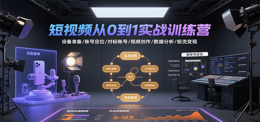短视频从0到1实战训练营：设备准备/账号定位/对标账号/视频创作/数据分析/投流变现-爱学习
